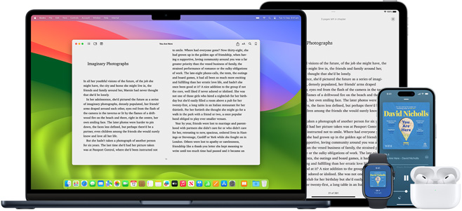 MacBook?Pro and iPad?Air display a page from the same ebook in the Books app. Apple?Watch and iPhone?15 screens display a book cover from the same audiobook. An AirPods?Pro case open to show both AirPods?Pro earbuds.