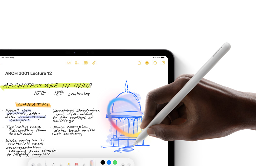 A hand holding Apple?Pencil draws a circle around a sketch in the Notes app on iPad.
