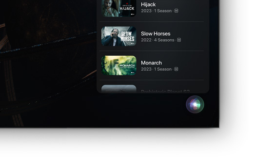 A flat screen television showing list of Apple TV+ movies and shows