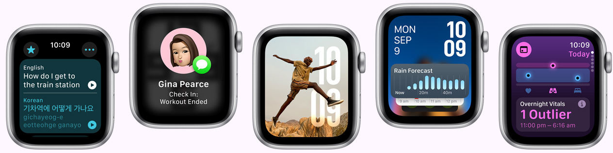 Multiple Apple Watch devices showing various watch face options