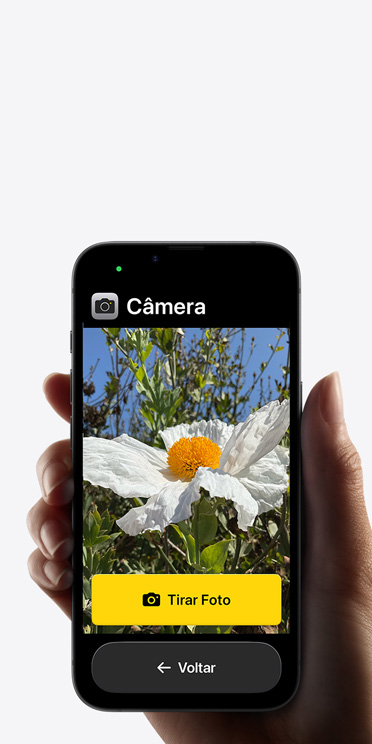 Tela do iPhone 16e com a interface simplificada do app Camera. Uma flor rosa aparece enquadrada, com os bot?es “Tirar Foto” e “Voltar” exibidos abaixo.