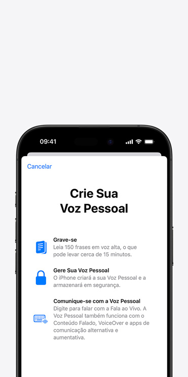 Tela do iPhone 16 Pro exibindo o recurso Voz Pessoal com instru??es para criar uma voz personalizada.