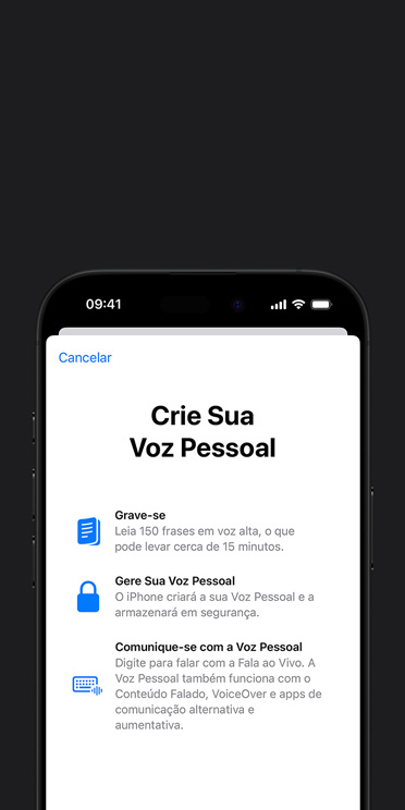 Tela do iPhone 16 Pro exibindo o recurso Voz Pessoal com instru??es para criar uma voz personalizada.