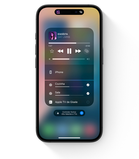 iPhone mostrando a interface do AirPlay com áudio em vários c?modos.