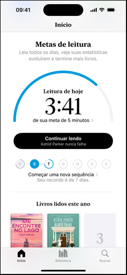 A tela do iPhone mostra a interface Metas de Leitura no app Livros. No alto, aparece um círculo de progresso. Abaixo do círculo de progresso está o acompanhamento da sequência de leitura semanal. Na parte inferior, aparece a se??o Livros lidos este ano, que inclui uma fileira com dois livros e um espa?o vazio para o terceiro