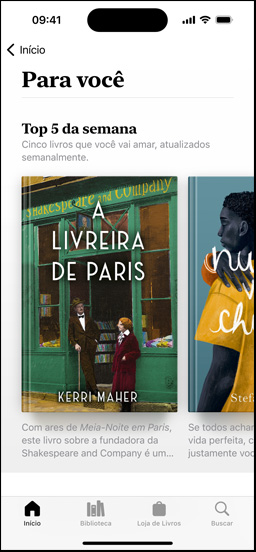 A tela do iPhone exibe a se??o Para Você no app Livros, com a lista dos cinco melhores da semana.