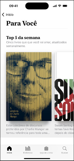 A tela do iPhone exibe a se??o Para Você no app Livros, com a lista dos cinco melhores da semana.