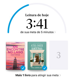 A tela do iPhone mostra a interface Metas de Leitura no app Livros. No alto, aparece o círculo de progresso de uma meta de leitura. Abaixo do círculo de progresso, s?o mostradas três capas de livros. Embaixo das capas, o texto diz que falta um livro para alcan?ar a meta de ler oito livros em 2024.