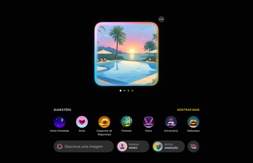 Interface de usuário da experiência do Image Playground que mostra uma piscina em uma paisagem tropical com o p?r do sol ao fundo e sugest?es de mais elementos para adicionar à imagem.