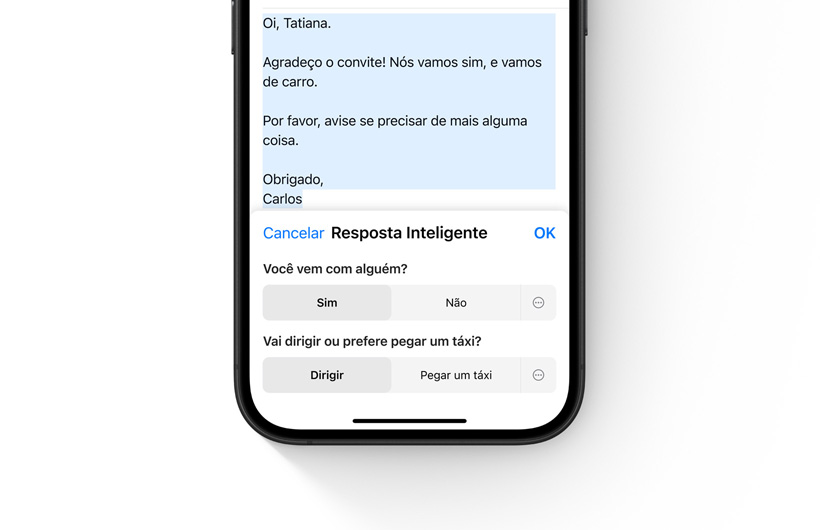 A tela do iPhone mostra op??es de Resposta Inteligente no app Mail.