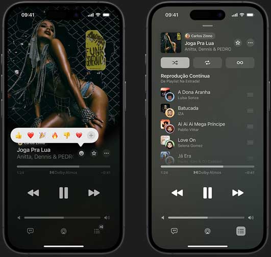 O iPhone à esquerda mostra a faixa Joga Pra Lua, de Annita, Dennis e Pedro Sampaio, tocando na tela, com op??es para reagir com emoji de joinha, cora??o, comemora??o e polegar para baixo ou escolher mais emojis. O iPhone à direita mostra uma playlist colaborativa chamada de Playlist na estrada, com várias faixas adicionadas por outras pessoas