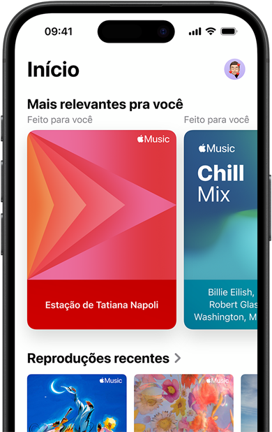 Aba Início do Apple Music na tela do iPhone, carrossel Mais Relevantes para Você com esta??es e playlists personalizadas de Tatiana Napoli