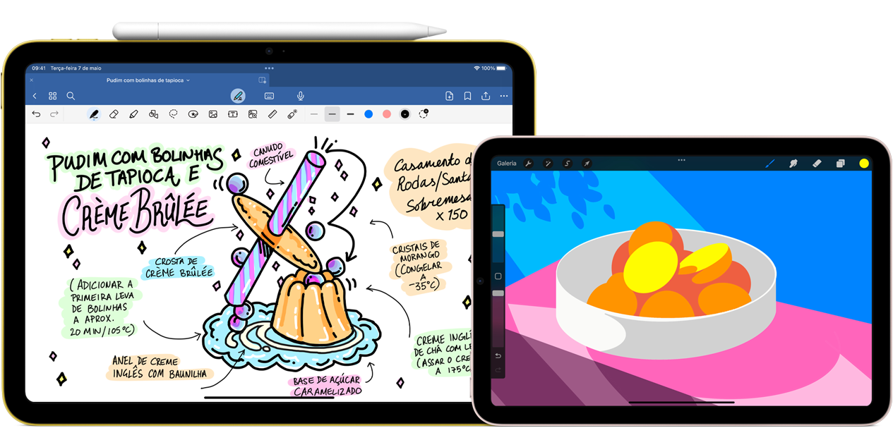 à esquerda, um iPad (10a gera??o) na horizontal mostra uma ilustra??o com anota??es e um desenho. O Apple Pencil (USB-C) está fixado na parte superior. à direita, um iPad mini na horizontal mostra uma ilustra??o colorida criada com o Procreate.