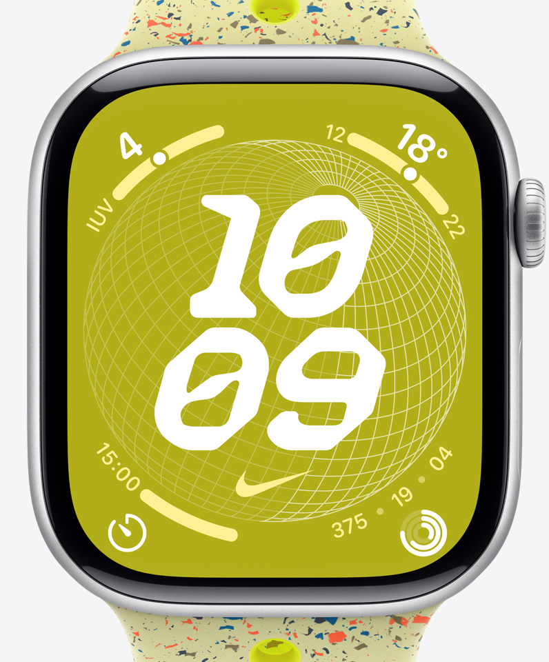 Mostrador Nike Globe com a hora e as complica??es, incluindo círculos de Atividade, IUV, temperatura e cron?metro.