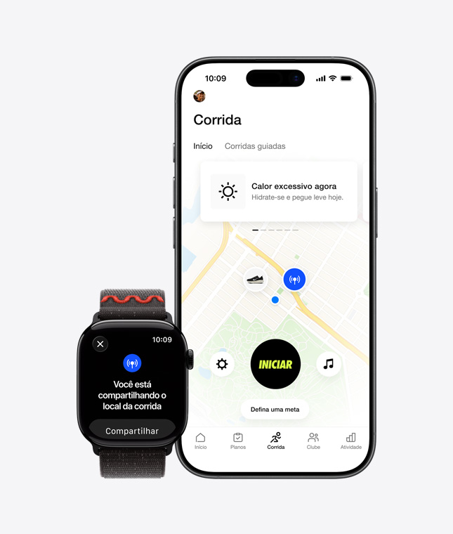 Apple Watch Series 11, compartilhamento de localiza??o na tela, iPhone 17, mapas do app Nike Run Club para corrida ao ar livre.