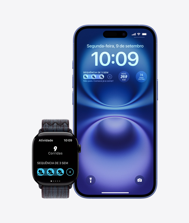Apple Watch ao lado do iPhone mostrando complica??es e widgets do app Nike Run Club.