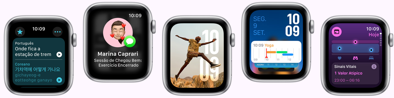 Diversos relógios Apple Watch mostrando diferentes op??es de mostrador.