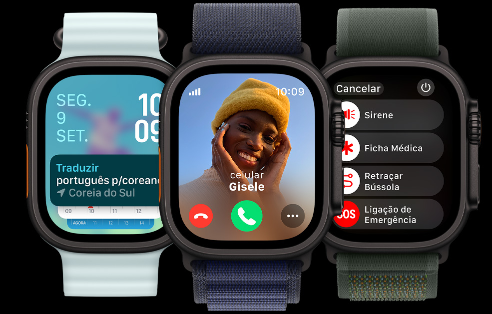 Três telas do Apple Watch Ultra. Uma mostra o app Traduzir. Outra mostra uma chamada recebida. E a última mostra os ícones da Sirene, da Ficha Médica, do recurso Retra?ar e da Liga??o de Emergência.