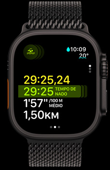 O Apple Watch Ultra 2 mostra a dura??o, o ritmo e a distancia de um treino de nata??o como parte do recurso Multiesporte.