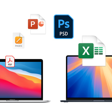 Imagem da parte da frente de dois computadores MacBook com diferentes fundos de tela coloridos. ícones de arquivos, como Acrobat, QuickBooks, PowerPoint, Photoshop e Excel est?o dispostos em arco acima dos aparelhos.