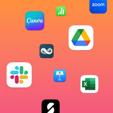 ícones de apps de produtividade, como Slack, Canva, Google Workspace, Zoom, QuickBooks, Keynote, Excel, Square e Numbers, em um fundo colorido.