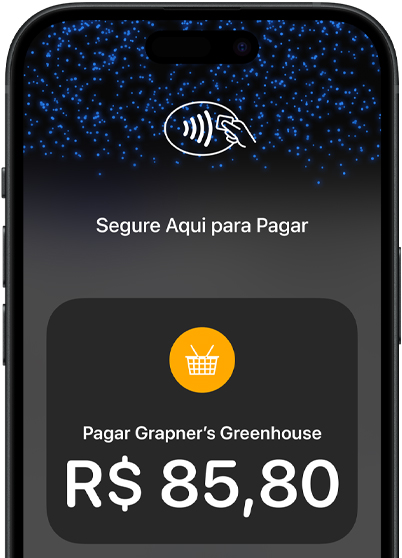 Close da tela de um iPhone com o ícone de pagamento por aproxima??o e informa??es sobre a transa??o na tela.