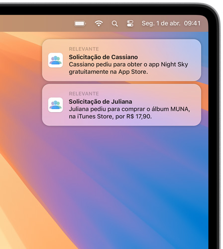 Duas notifica??es do macOS no canto superior direito de uma tela do Mac mostrando solicita??es de compra. A primeira para o app Night Sky da App Store, e a segunda para o álbum MUNA da iTunes Store.