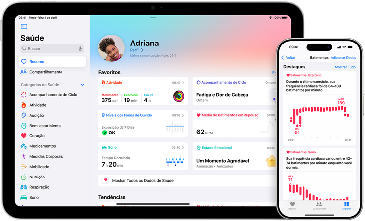 Uma tela mostra os Favoritos na se??o Resumo do app Saúde, ao lado está outra tela mostrando os Destaques de Batimentos no app Saúde