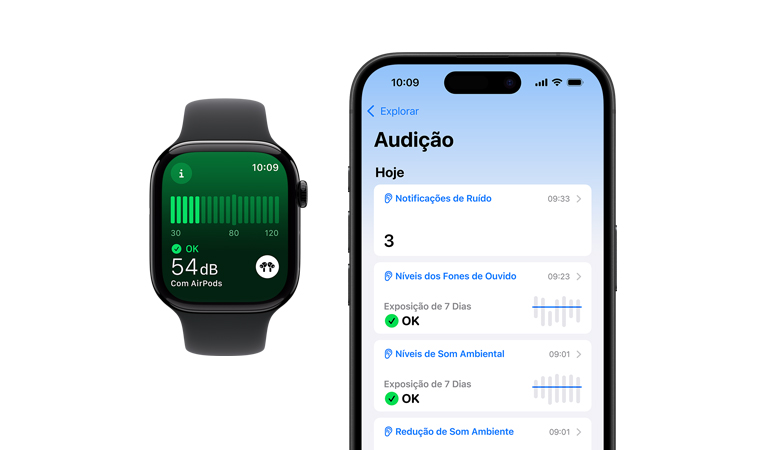 A tela de um Apple Watch Series 10 com pulseira esportiva preta mostra a interface da medi??o de ruído, ao lado está um iPhone 16 com a tela mostrando a interface de Audi??o com Níveis de Som Ambiental e Redu??o de Som Ambiente