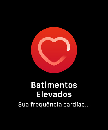 A interface da Notifica??o de Batimentos Altos mostra 'Batimentos Elevados, Sua frequência cardíaca esteve acima de 120 BPM enquanto você n?o se movimentou por 10 minutos, a partir de 09h59.'