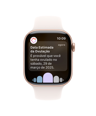 A tela de um Apple Watch Series 10 com pulseira esportiva branca mostra a estimativa de ovula??o
