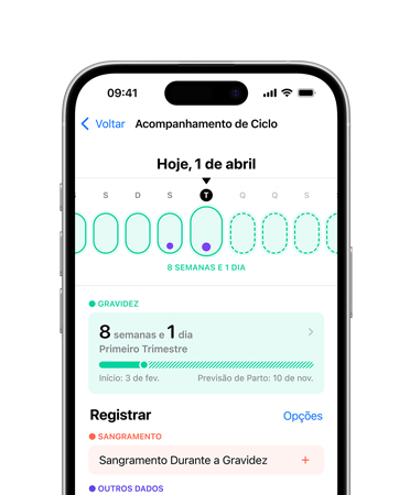 A tela de um iPhone 16 mostra o Acompamhamento de Ciclo no app Saúde