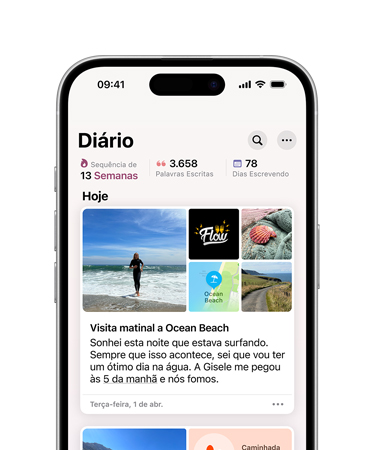 A tela de um iPhone 16 mostra o app Diário