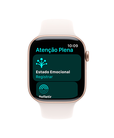 A tela de um Apple Watch Series 10 com pulseira esportiva branca mostra o app Aten??o Plena com a op??o para registrar o estado emocional