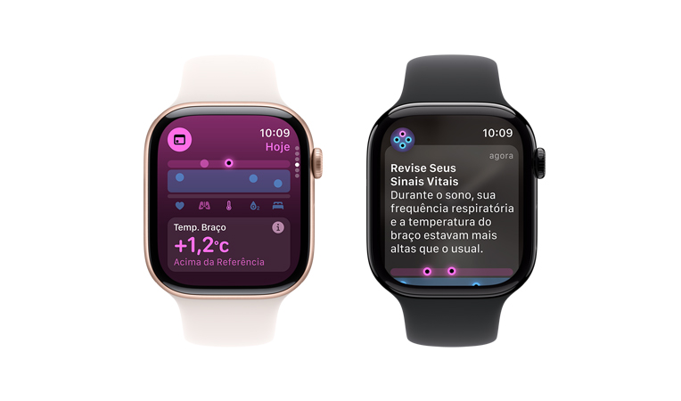 A tela de um Apple Watch Series 10 com pulseira esportiva branca mostra a Temperatura do Bra?o no app Sinais Vitais, ao lado está a tela de um segundo Apple Watch Series 10 com pulseira esportiva preta mostrando a análise de Temperatura do Bra?o e Batimentos