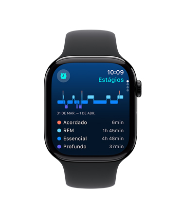 A tela de um Apple Watch Series 10 com pulseira esportiva preta mostra o app Sono com os estágios do sono, a análise e o tempo sem dormir