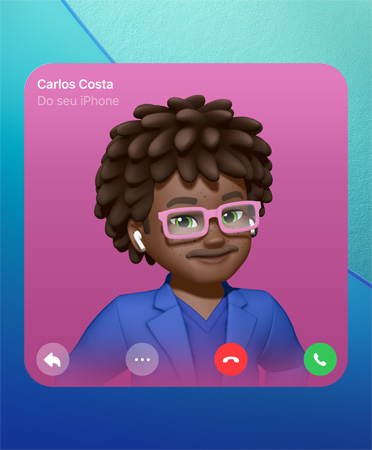 P?ster de Contato do FaceTime, Genmoji no centro, nome da pessoa no canto superior esquerdo, ícones para responder, mais op??es, desligar e atender na parte inferior