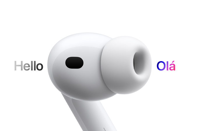 Fone do AirPods Pro 3 demonstrando a tradu??o ao vivo do espanhol para o inglês.