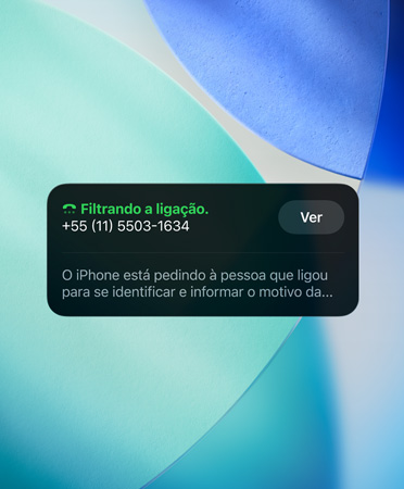 Widget de app do iPhone mostrando o recurso de filtragem de liga??es em uma chamada recebida sobre uma nova imagem de fundo azul-esmeralda, branca e turquesa.