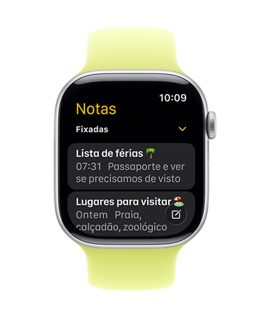 Apple Watch prateado com pulseira tran?ada na cor pe?nia, o mostrador exibe o app Notas, com duas notas fixadas.