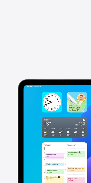 VoiceOver feature on iPad Pro screen showing Weather app widget with audio output “Weather, Oakland, 68 degrees”