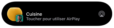 élément visuel d’AirPlay illustrant la diffusion d’une piste musicale sur un HomePod mini nommé Cuisine