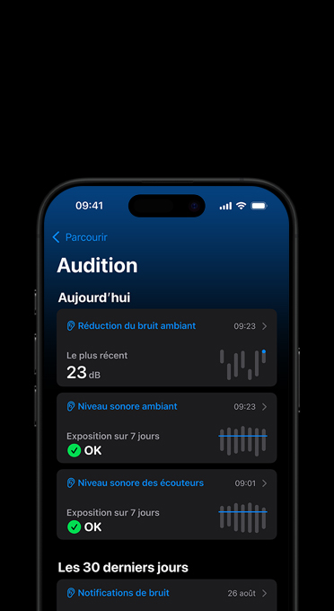 C?té droit de la tête d’une femme. Elle porte un AirPods Pro à l’oreille. Un cercle en animation émane de l’AirPods Pro.