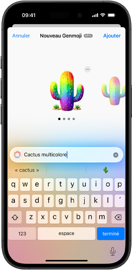 Aper?u d’un Genmoji d’après une requête qui dit, cactus arc-en-ciel