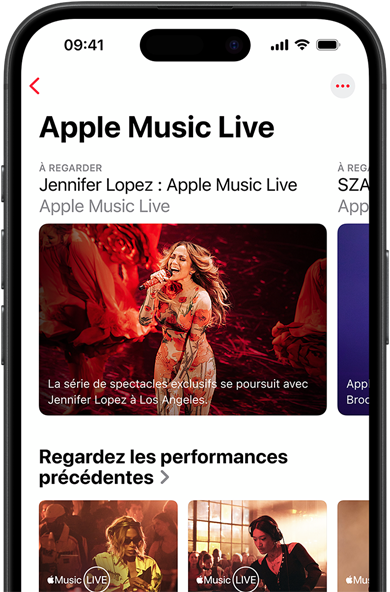 Apple Music Live sur l’écran d’iPhone, affichant les catégories à regarder et Performances précédentes, ainsi que des contenus exclusifs comme Apple Music : Les 100 meilleurs albums