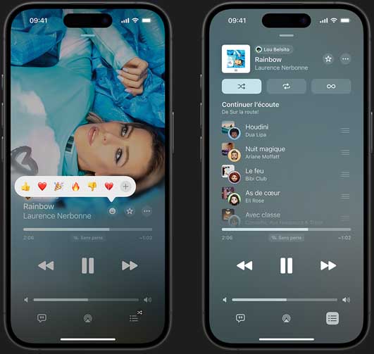 L’iPhone à gauche montre Don’t Do Me Good de Madi Diaz et Kacey Musgraves jouant à l’écran avec une bulle de réaction proposant les options suivantes : pouce en l’air, c?ur, célébration, pouce en bas et ajouter une autre réaction. L’iPhone à droite montre une liste de lecture collaborative appelée Sur la route avec plusieurs chansons ajoutées par d’autres personnes