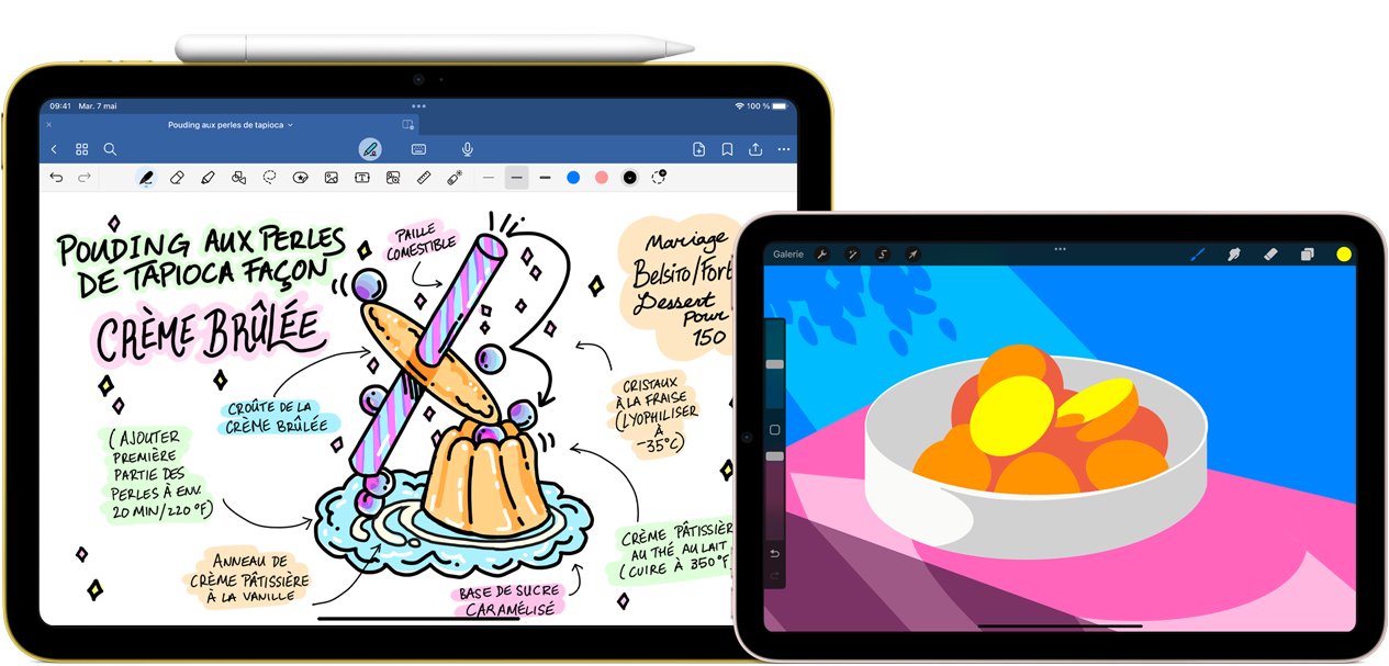 à gauche, iPad dixième génération, orientation paysage. L’écran affiche un graphisme comprenant des notes et un dessin. Un Apple Pencil USB-C est fixé au dessus de l’appareil. à droite, iPad mini, orientation paysage. L’écran affiche une illustration colorée faite dans Procreate.