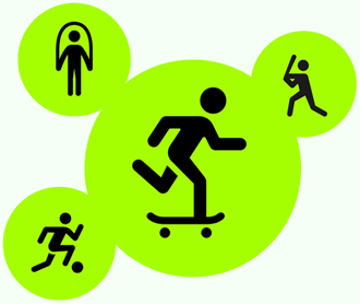 Dessins de personnages faisant des entra?nements de saut à la corde, de baseball, de planche à roulettes et de soccer.