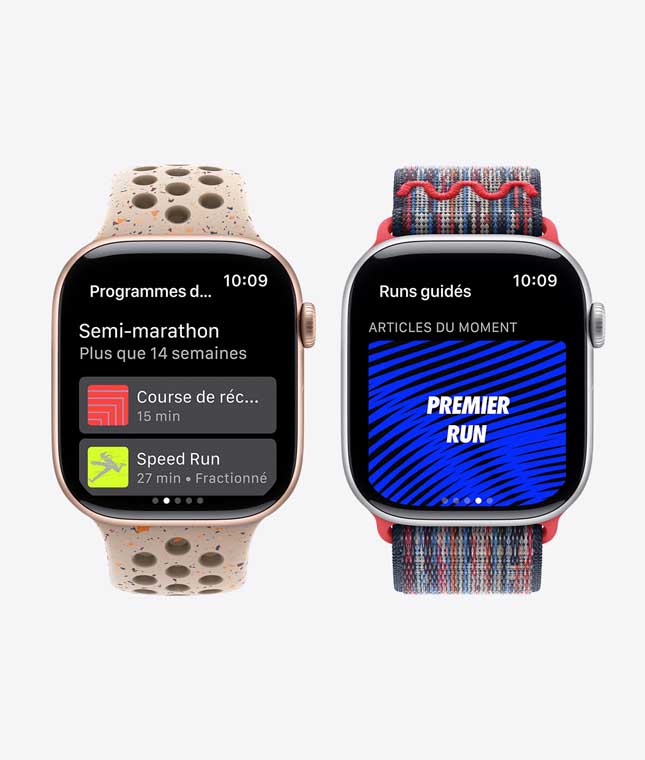 Deux Apple Watch affichant des fonctionnalités Nike Run Club, dont des programmes d’entra?nement et des courses autoguidées
