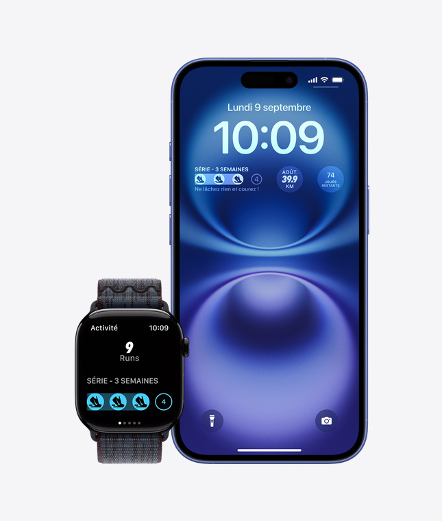 Un iPhone à c?té d’une Apple Watch affichant des complications et des widgets Nike Run Club
